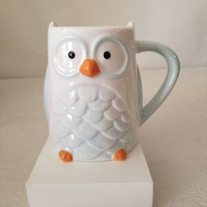TAG 12oz Glazed Ceramic Winter Owl Coffee Cup Mug White Blue Orange Novelty